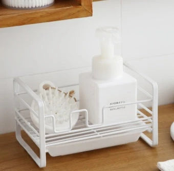 White iron kitchen drying rack with detachable drain pan for sponges and brushes
