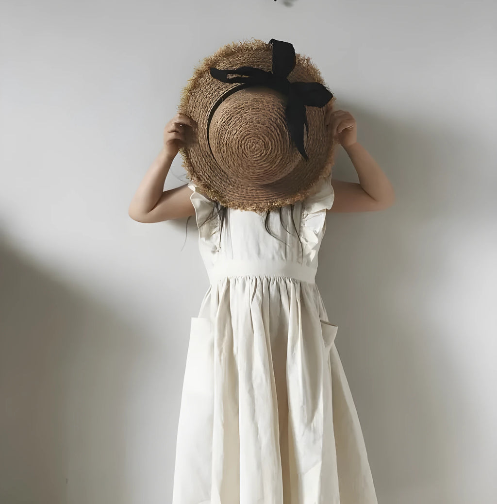 Girls pure colour lotus leaf skirt dress in white hemp fabric for infants and young children 80-130cm