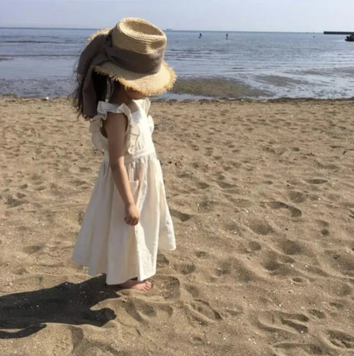 Girls pure colour lotus leaf skirt dress in white hemp fabric for infants and young children 80-130cm