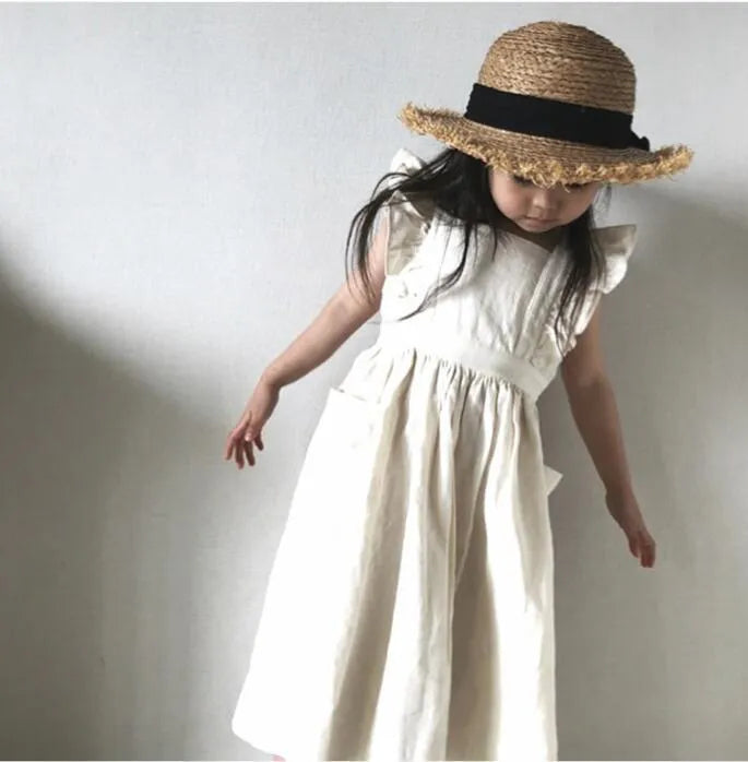 Girls pure colour lotus leaf skirt dress in white hemp fabric for infants and young children 80-130cm