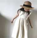 Girls pure colour lotus leaf skirt dress in white hemp fabric for infants and young children 80-130cm