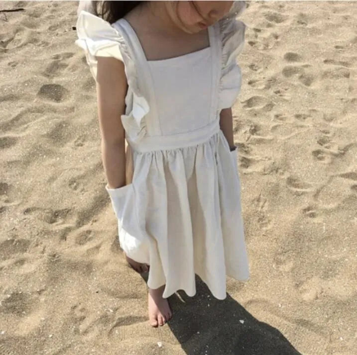 Girls pure colour lotus leaf skirt dress in white hemp fabric for infants and young children 80-130cm