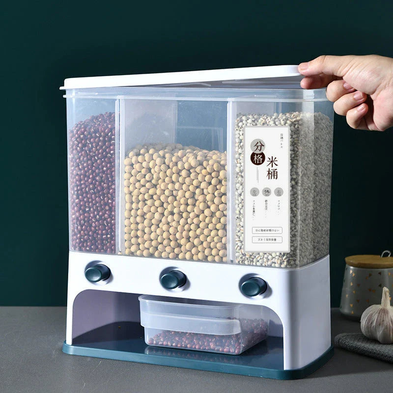 Clear plastic wall-mounted grain storage box for whole grains, available in blue and grey