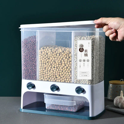 Clear plastic wall-mounted grain storage box for whole grains, available in blue and grey