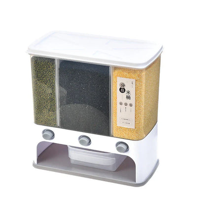 Wall-mounted grain storage box with transparent design, press funnel, and measuring cup for efficient whole grain storage in the Kiwi kitchen