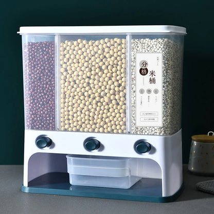 Clear plastic wall-mounted grain storage box for whole grains, available in blue and grey