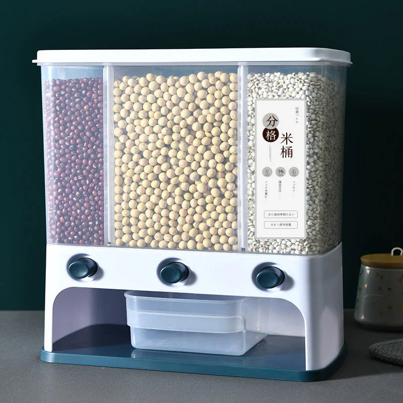 Wall-mounted grain storage box with transparent design, press funnel, and measuring cup for efficient whole grain storage in the Kiwi kitchen