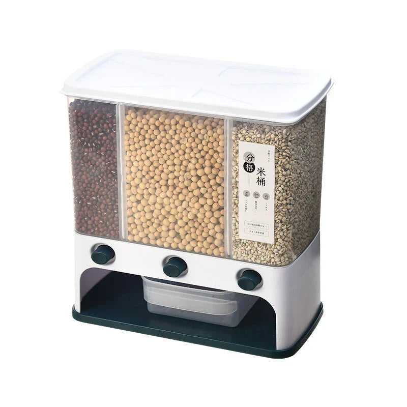 Wall-mounted grain storage box with transparent design, press funnel, and measuring cup for efficient whole grain storage in the Kiwi kitchen