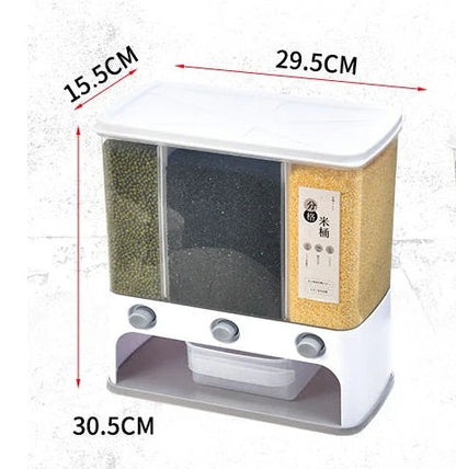 Wall-mounted grain storage box with transparent design, press funnel, and measuring cup for efficient whole grain storage in the Kiwi kitchen