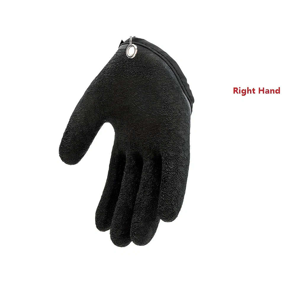 Purple anti-slip fishing gloves with latex coating and magnetic clip for puncture protection in left or right hand, 25cm length