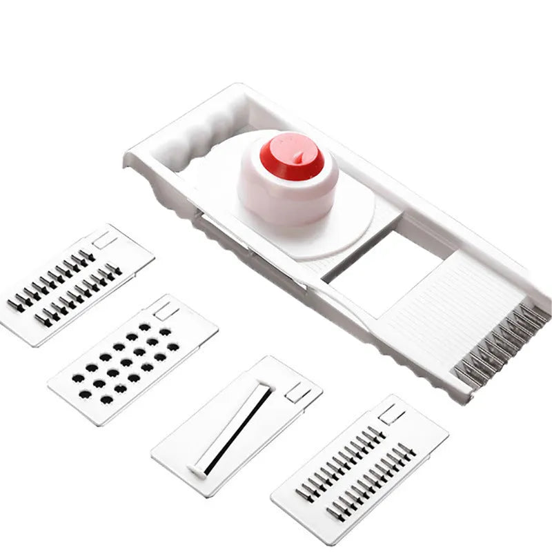 White home kitchen multifunctional grater with stainless steel blade and hand guard on white background
