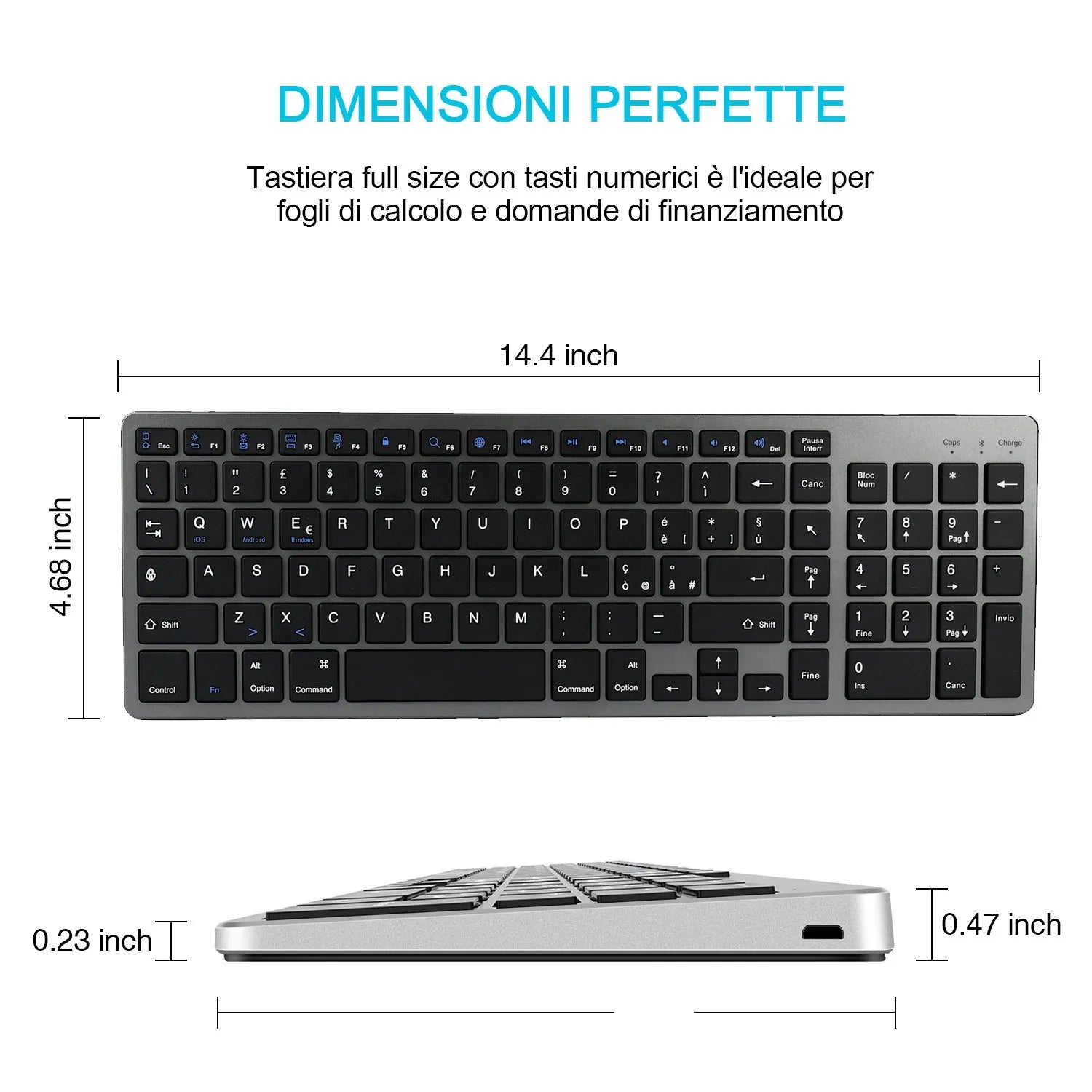 Ultra-thin white Bluetooth keyboard for tablets and mobile phones showing 104 keys.