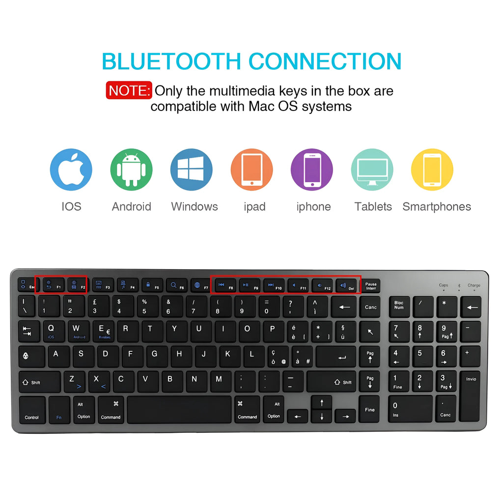 Ultra-thin white Bluetooth keyboard for tablets and mobile phones showing 104 keys.
