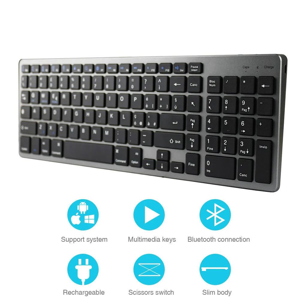 Ultra-thin white Bluetooth keyboard for tablets and mobile phones showing 104 keys.