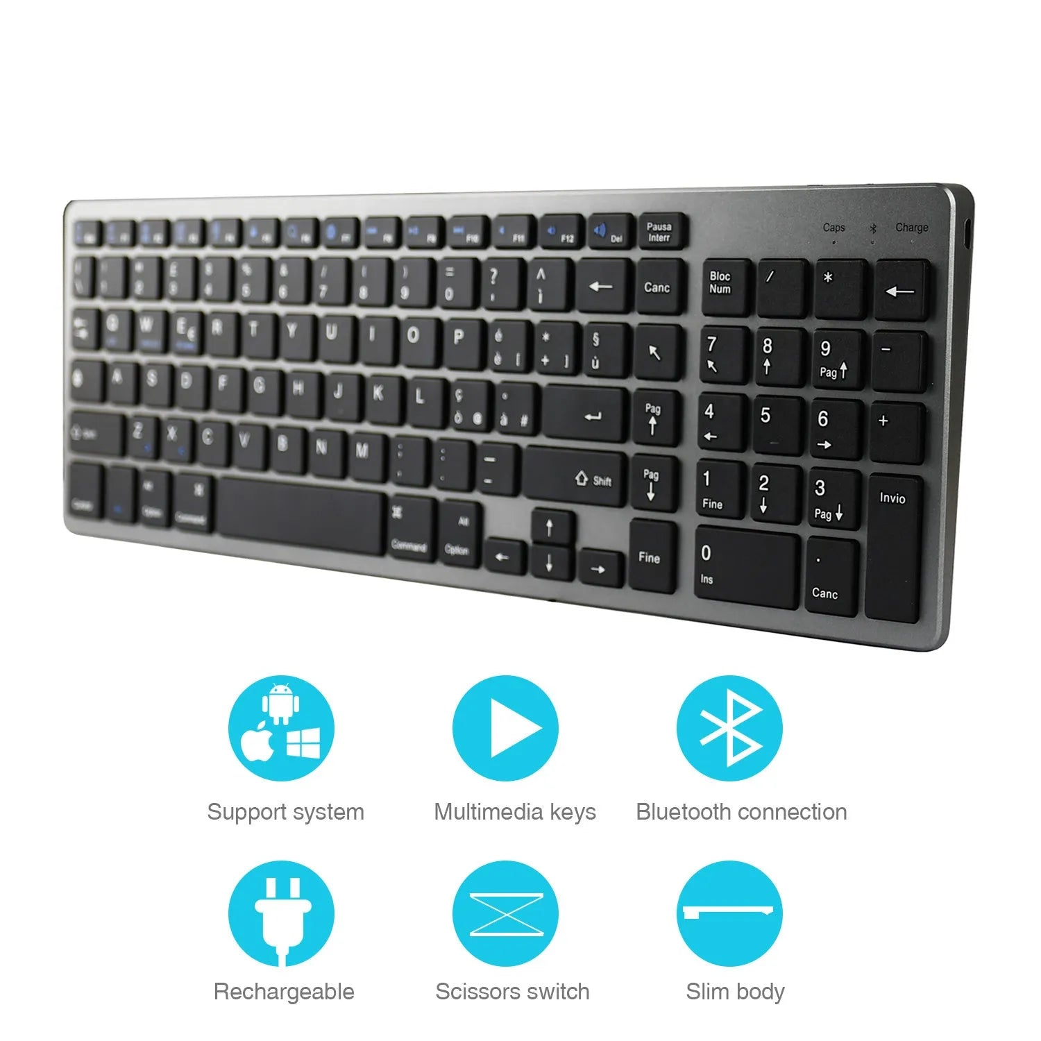 Ultra-thin white Bluetooth keyboard for tablets and mobile phones showing 104 keys.