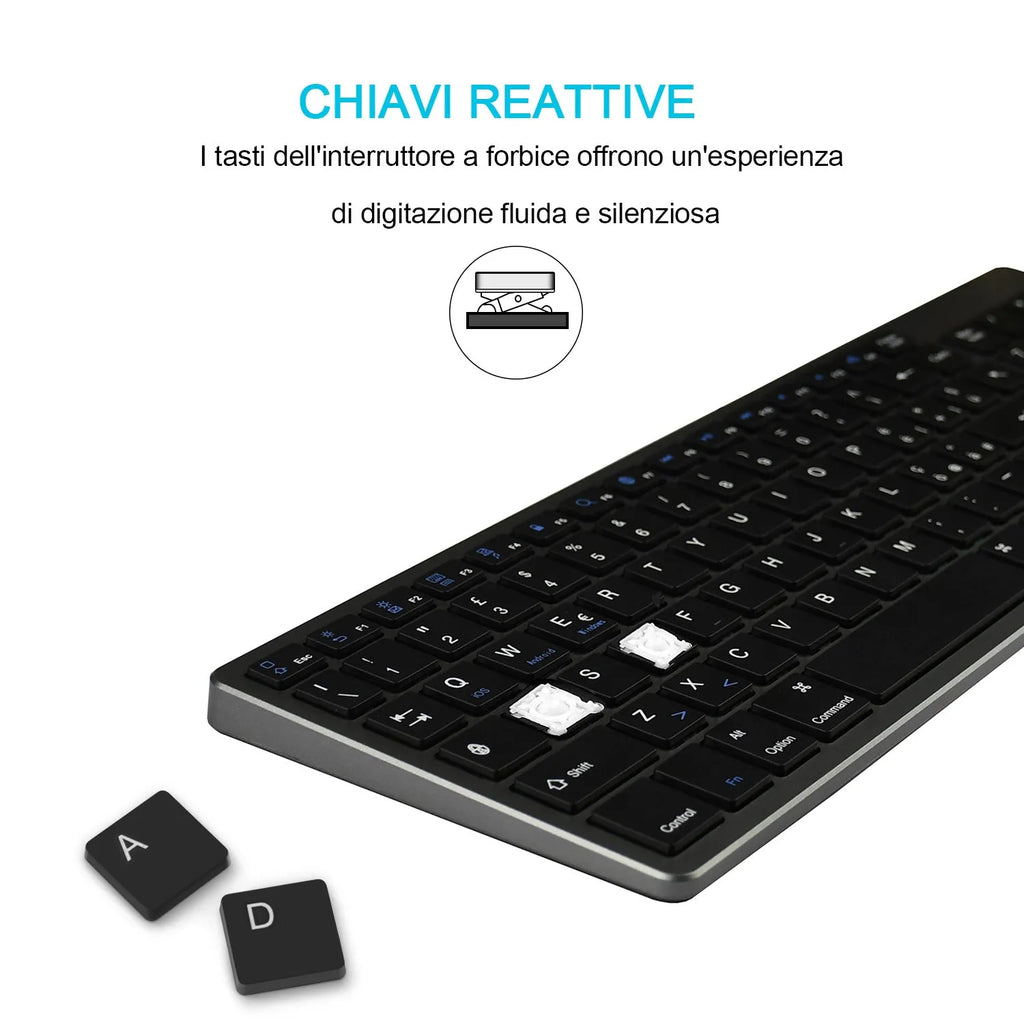 Ultra-thin white Bluetooth keyboard for tablets and mobile phones showing 104 keys.