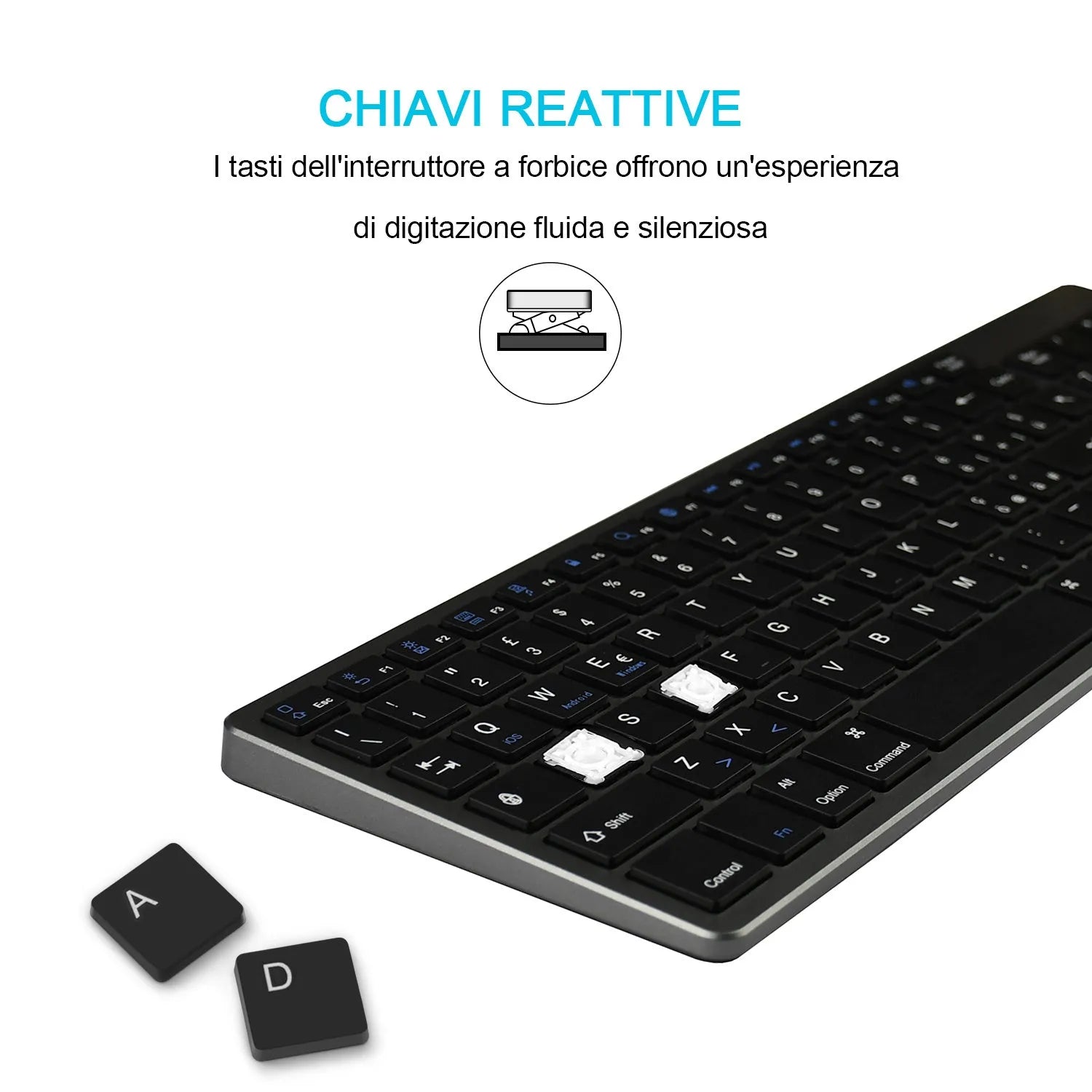 Ultra-thin white Bluetooth keyboard for tablets and mobile phones showing 104 keys.
