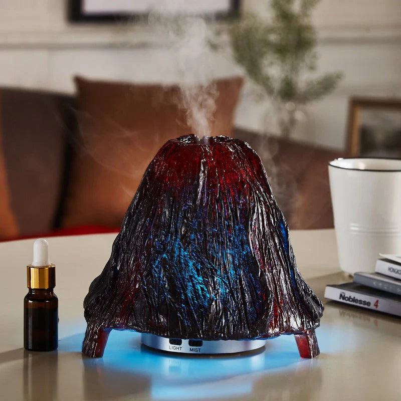 Ultrasonic aroma diffuser with volcano design and colourful night light on desk