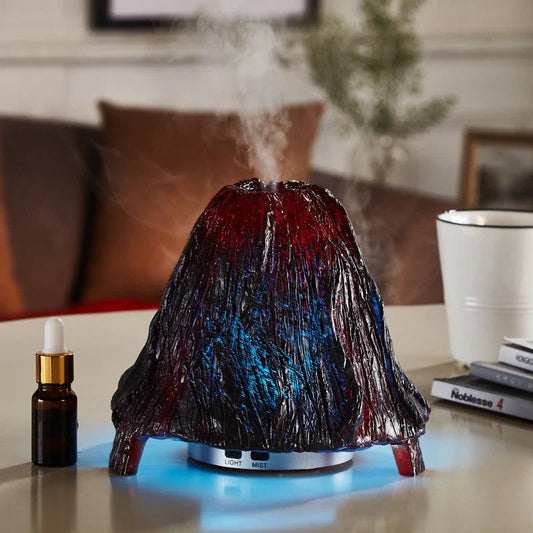 Ultrasonic aroma diffuser with volcano design and colourful night light on desk