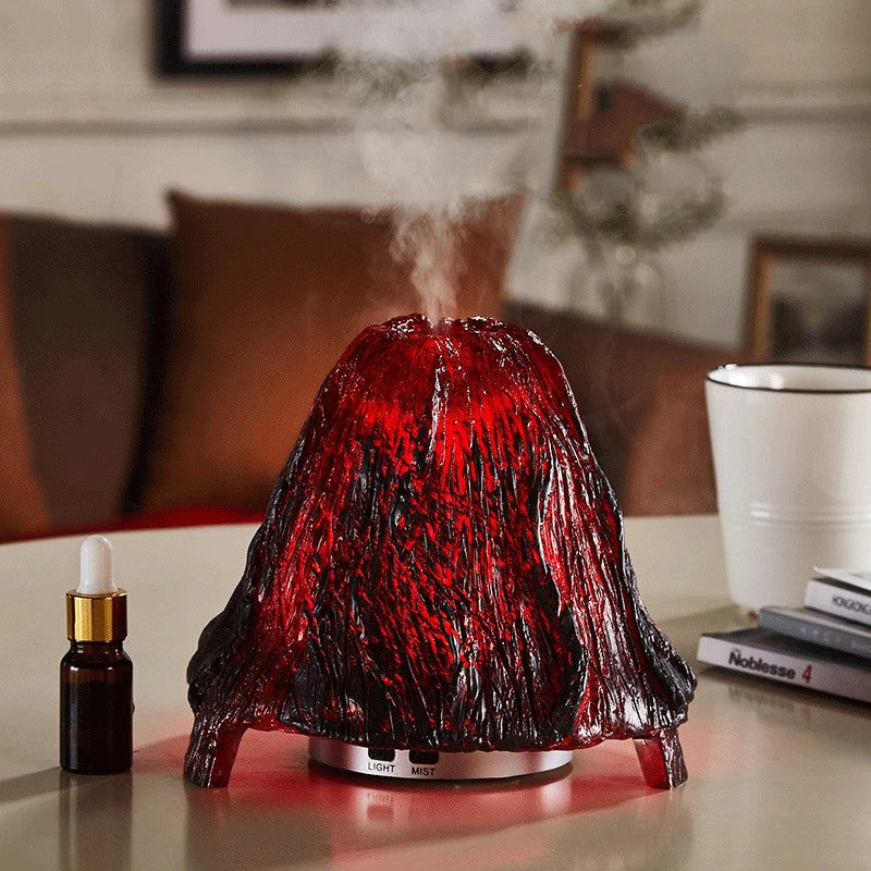 Ultrasonic aroma diffuser with volcano design and colourful night light on desk