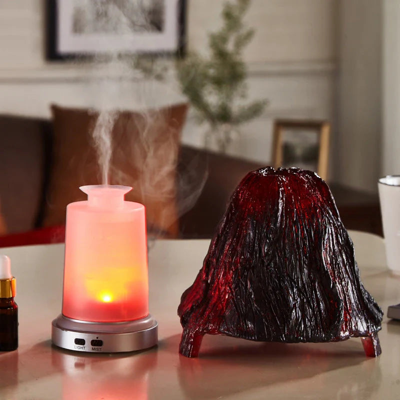 Ultrasonic aroma diffuser with volcano design and colourful night light on desk