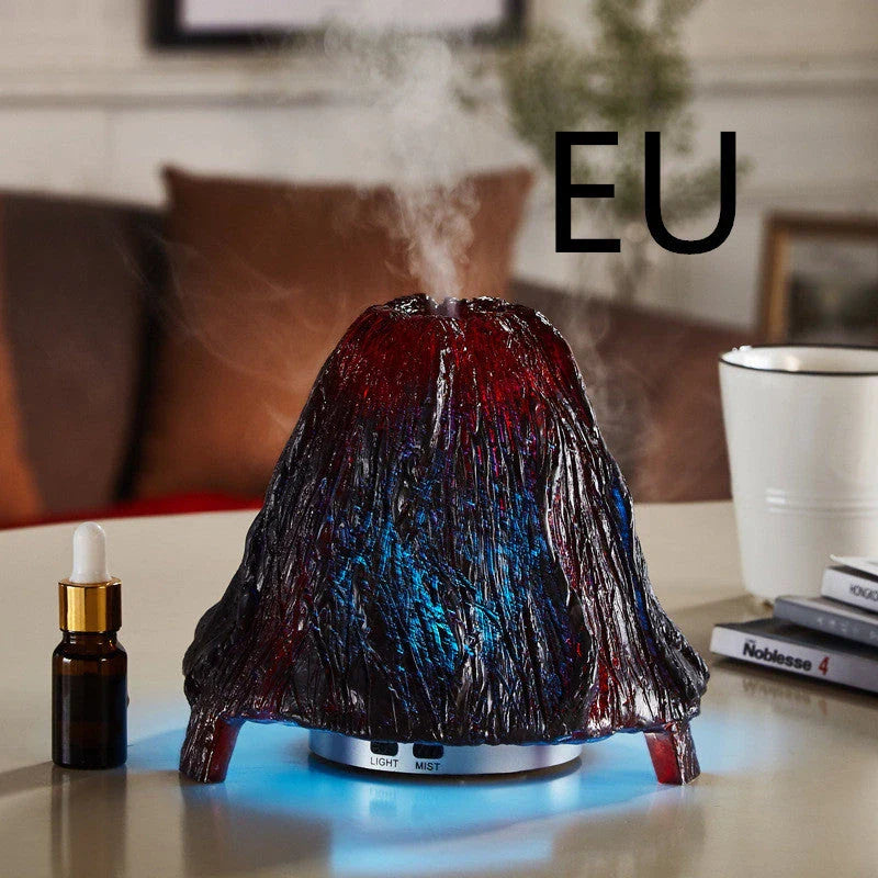 Ultrasonic aroma diffuser with volcano design and colourful night light on desk