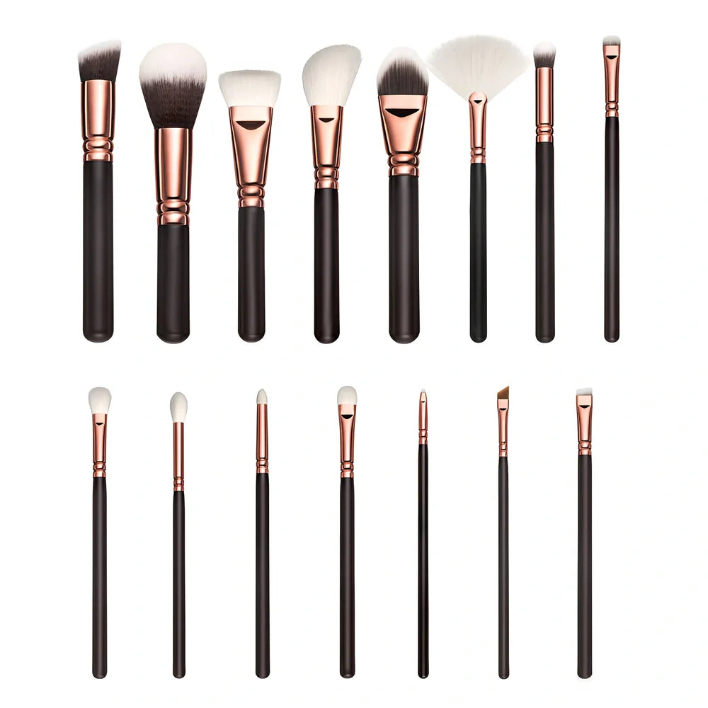 15-piece rose gold makeup brush set in pink with wooden 22cm handles and 3cm nylon wool bristles, optional storage bag