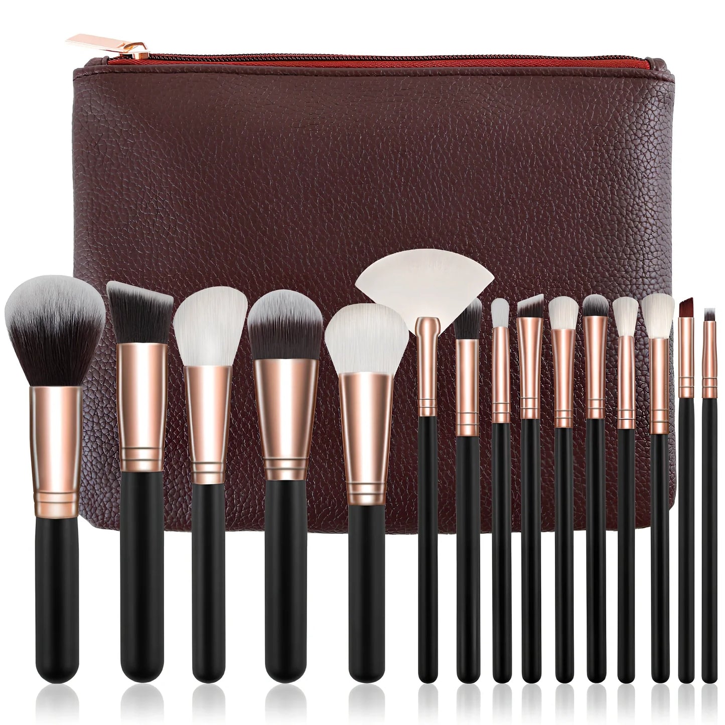 15-piece rose gold makeup brush set in pink with wooden 22cm handles and 3cm nylon wool bristles, optional storage bag