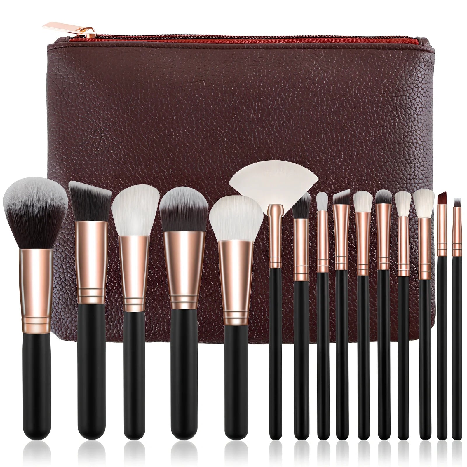 15-piece rose gold makeup brush set in pink with wooden 22cm handles and 3cm nylon wool bristles, optional storage bag