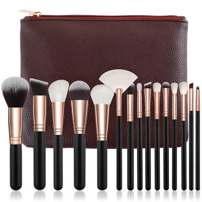 15-piece rose gold makeup brush set in pink with wooden 22cm handles and 3cm nylon wool bristles, optional storage bag