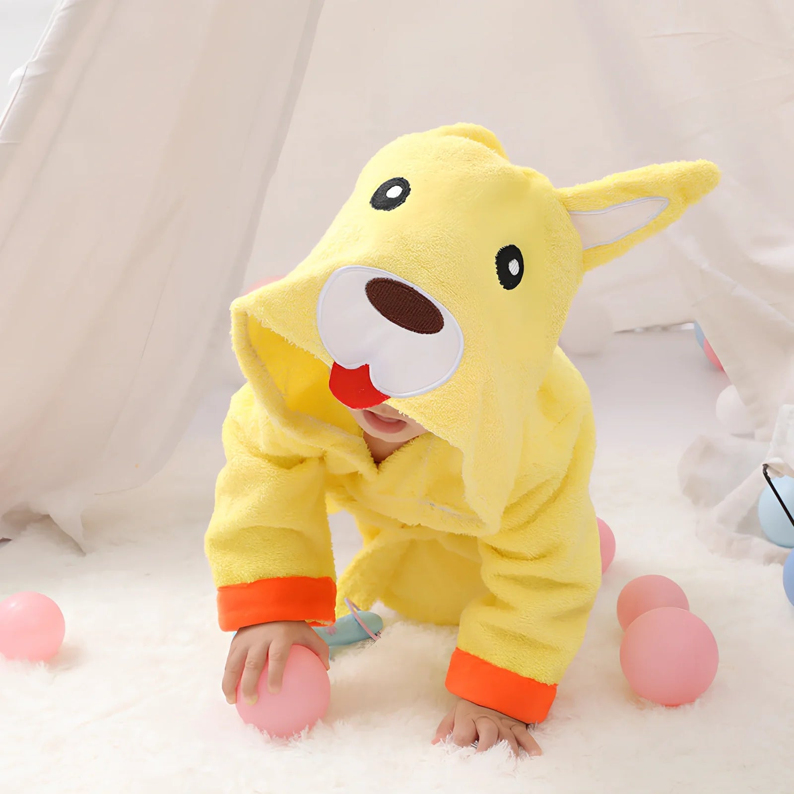 Cotton baby bathrobe with animal hood showing panda design, belt fastening, and absorbent fabric