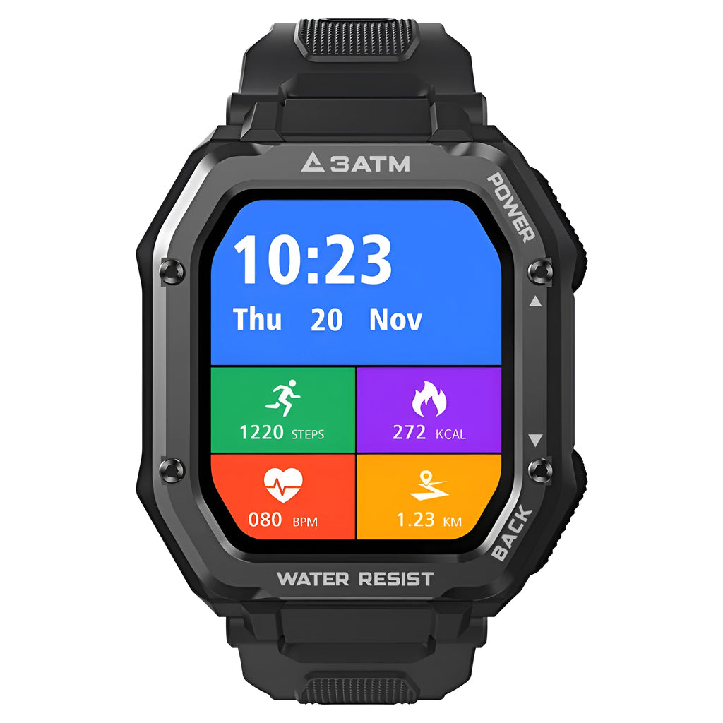 Rugged outdoor smartwatch with 1.69-inch screen showing sports modes on silicone wristband