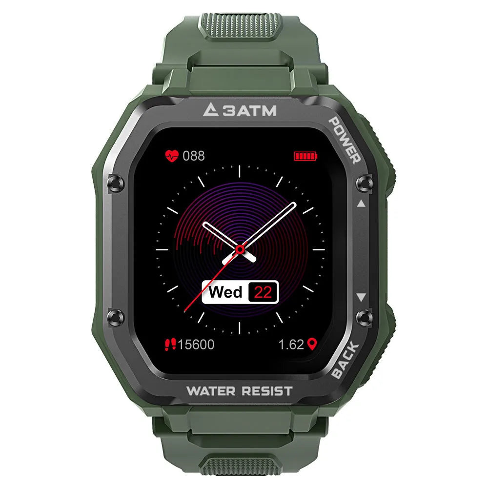 Rugged outdoor smartwatch with 1.69-inch screen showing sports modes on silicone wristband