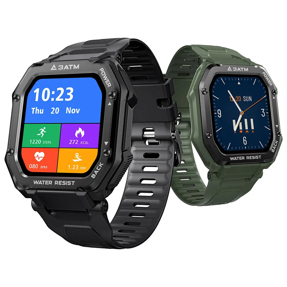 Rugged outdoor smartwatch with 1.69-inch screen showing sports modes on silicone wristband