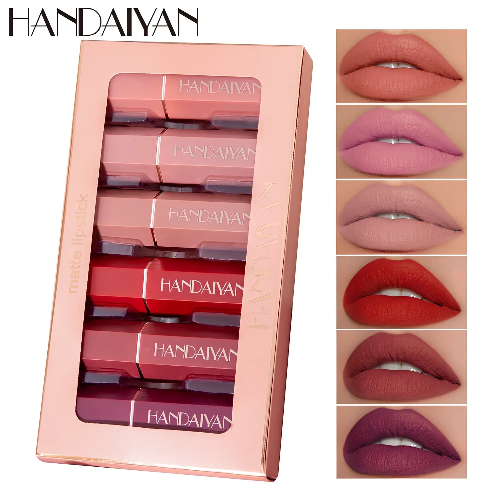 6-colour matte non-stick lipstick set in 18.5 cm gift box, each tube 2.5x2.1x8.2 cm, total 113g