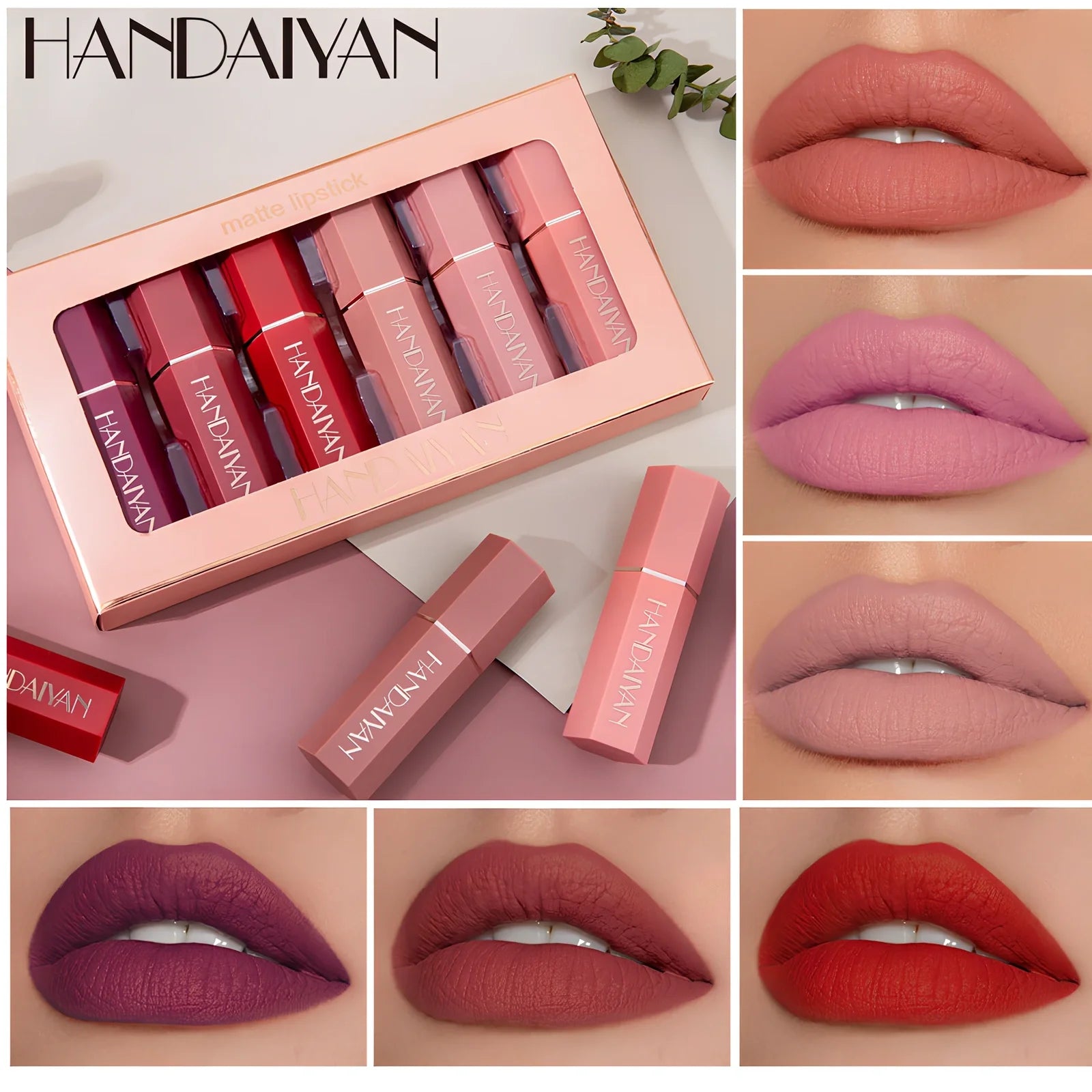 6-colour matte non-stick lipstick set in 18.5 cm gift box, each tube 2.5x2.1x8.2 cm, total 113g