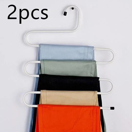 Premium stainless steel pants organizer with innovative S-shaped design for compact and tidy wardrobe storage