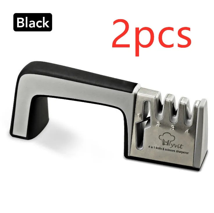4-in-1 multi-functional knife sharpener in black with multiple sharpening rods