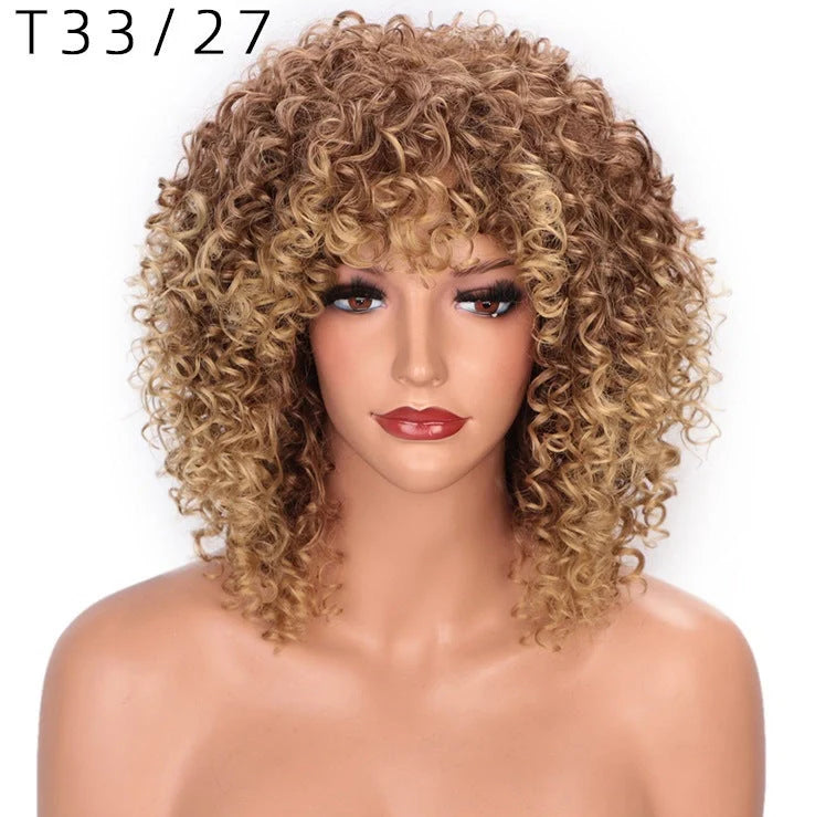 African small curly wig with 40cm length and European-American style curls, featuring Qi bangs