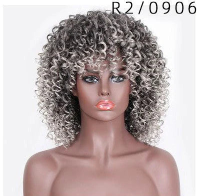 African small curly wig with 40cm length and European-American style curls, featuring Qi bangs