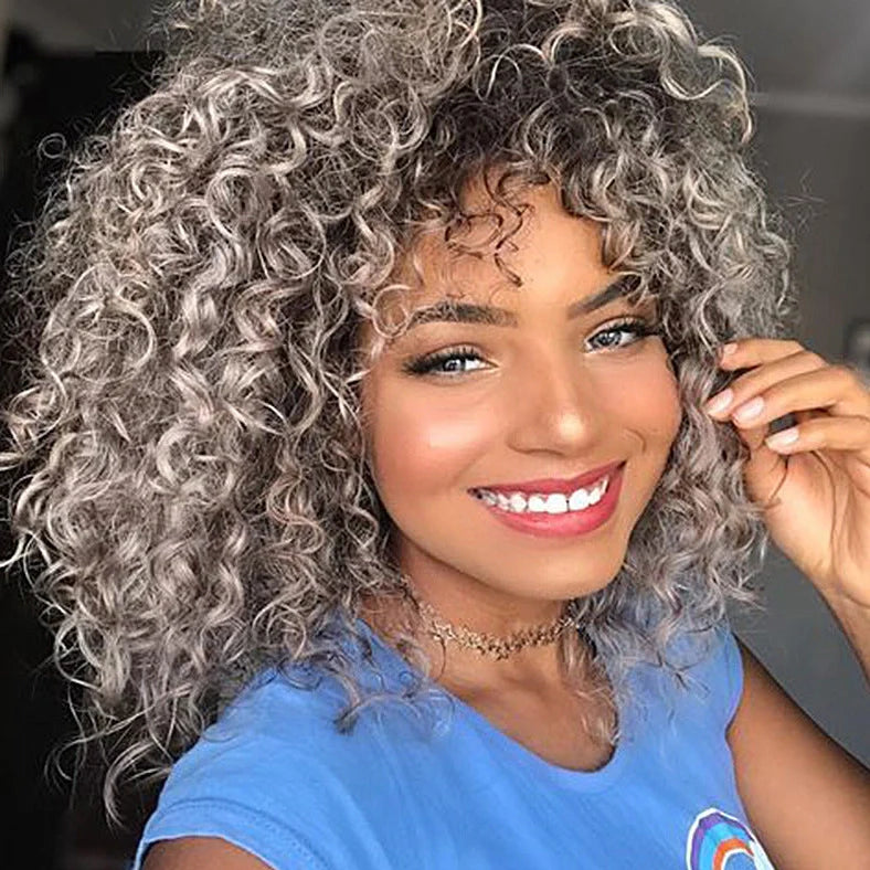African small curly wig with 40cm length and European-American style curls, featuring Qi bangs