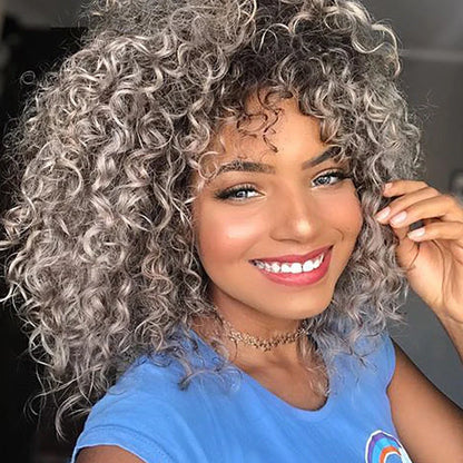 African small curly wig with 40cm length and European-American style curls, featuring Qi bangs