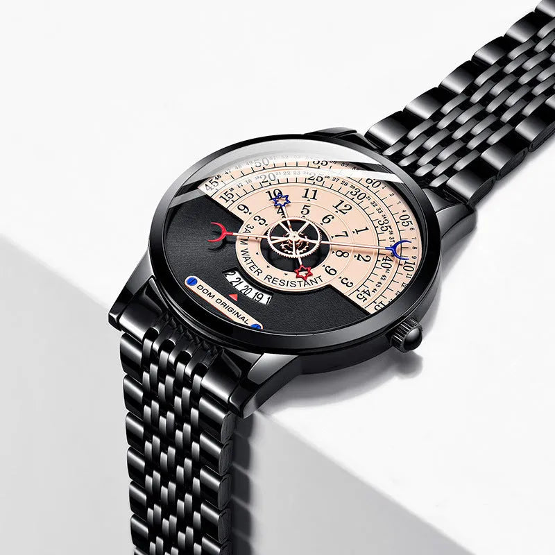 Men's gold and silver sports quartz watch with 40mm alloy case and choice of stainless steel or leather strap.