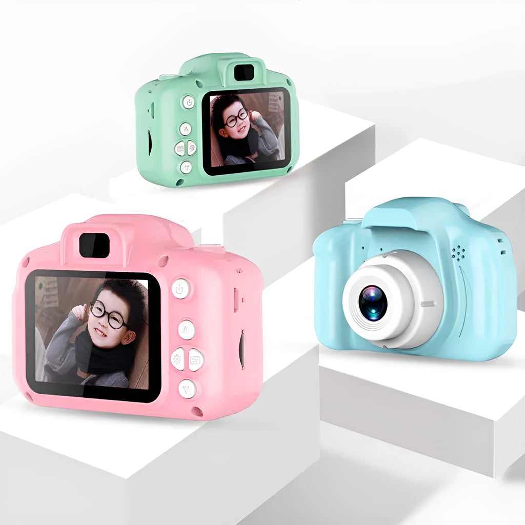 Children's HD digital waterproof camera with 2.3 inch LCD screen in blue, showing front view with lens