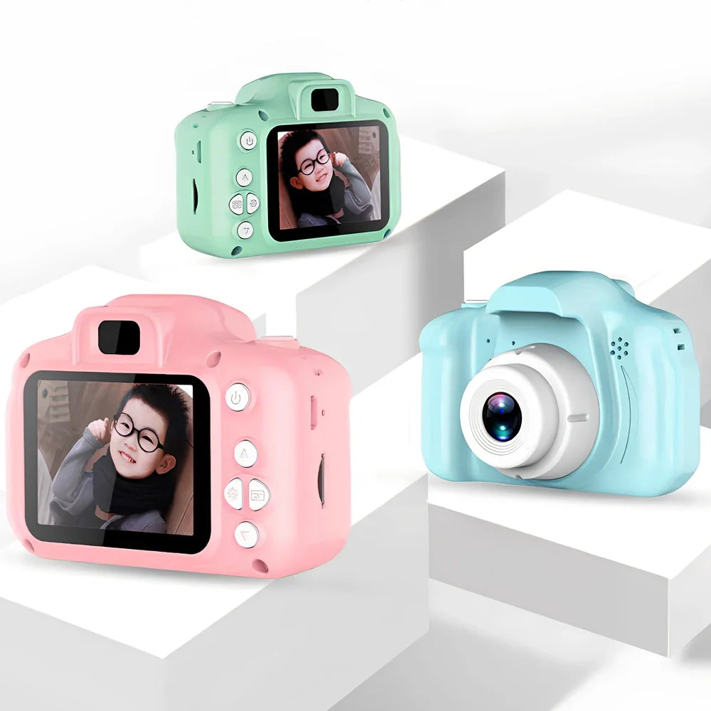 Blue children's HD digital waterproof camera, 80x60mm size, 2.3-inch screen, 65g weight for kids' outdoor photography