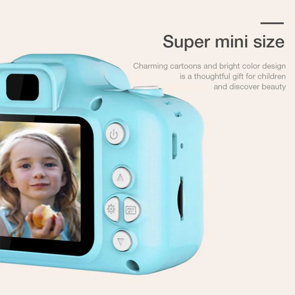 Children's HD digital waterproof camera with 2.3 inch LCD screen in blue, showing front view with lens