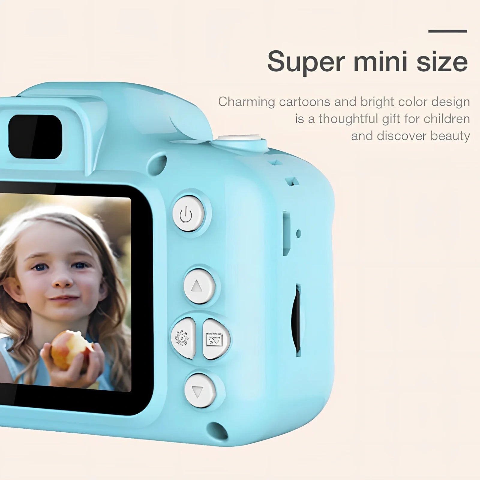 Blue children's HD digital waterproof camera, 80x60mm size, 2.3-inch screen, 65g weight for kids' outdoor photography