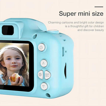 Blue children's HD digital waterproof camera, 80x60mm size, 2.3-inch screen, 65g weight for kids' outdoor photography