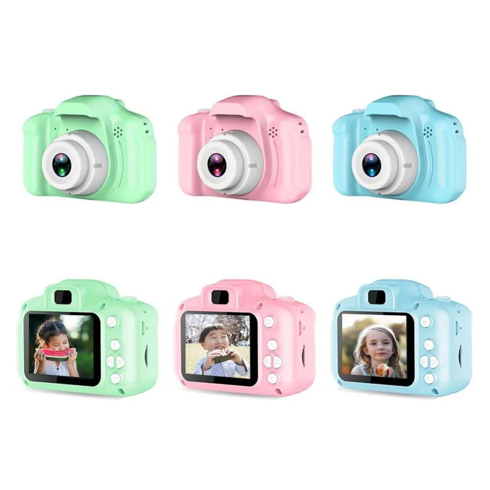 Children's HD digital waterproof camera with 2.3 inch LCD screen in blue, showing front view with lens