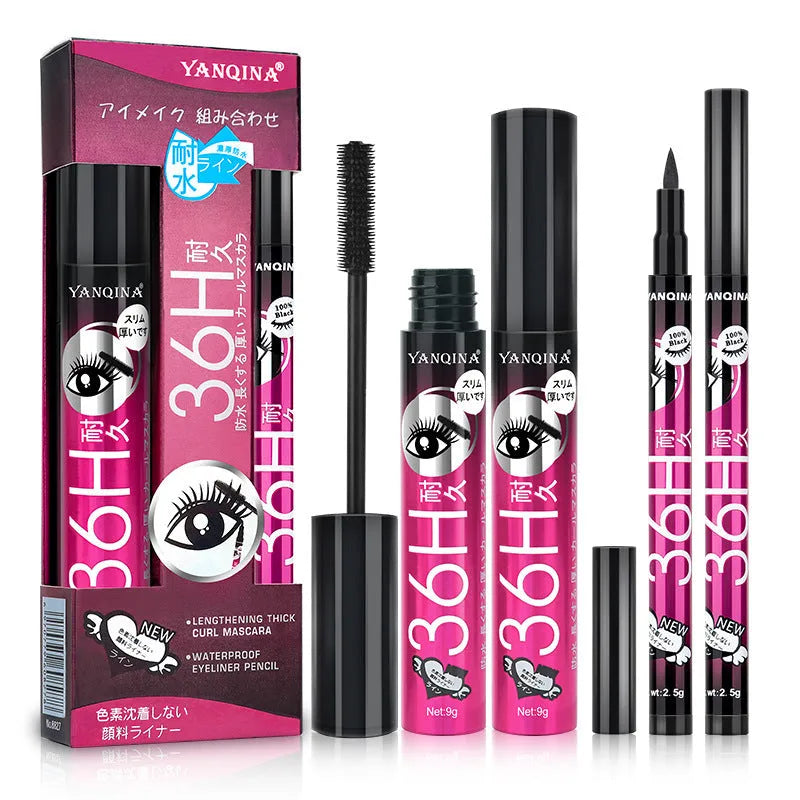 Eyeliner and mascara combo set in black, available in red, blue, or purple suit options